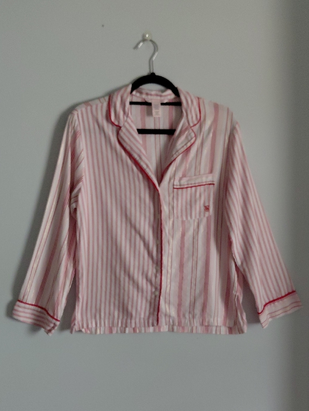 Victoria's Secret Red White Mettalic Gold Stripes Button Up Pajama Shirt Top